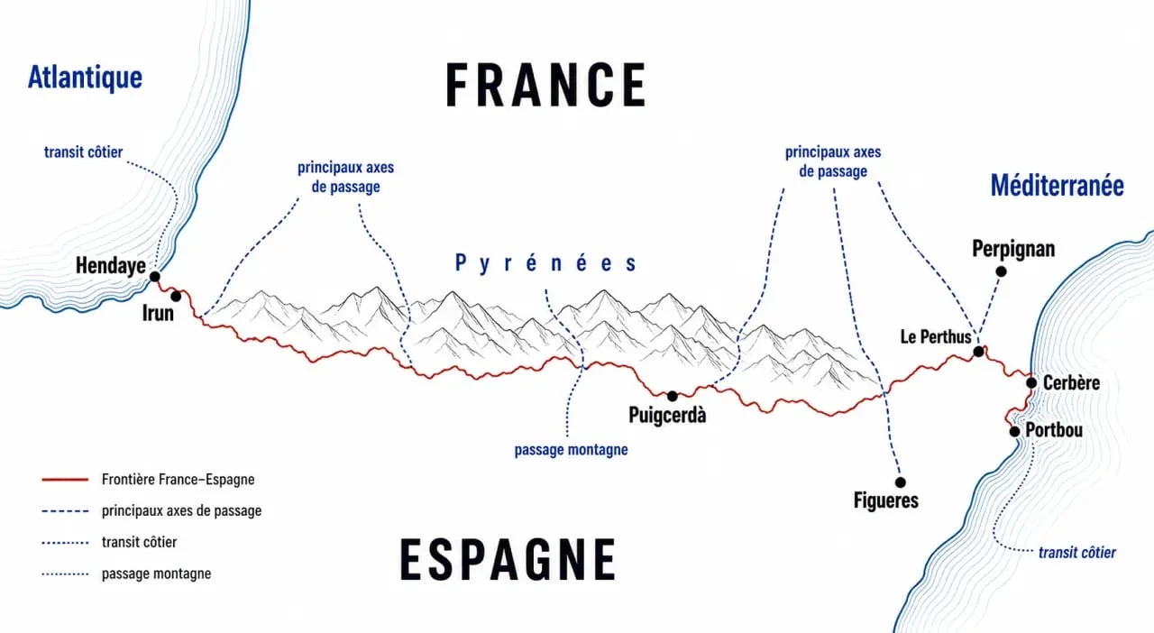 Ville frontalière France Espagne : carte des principales villes et passages entre Hendaye, Irun, Perpignan, Le Perthus et Cerbère