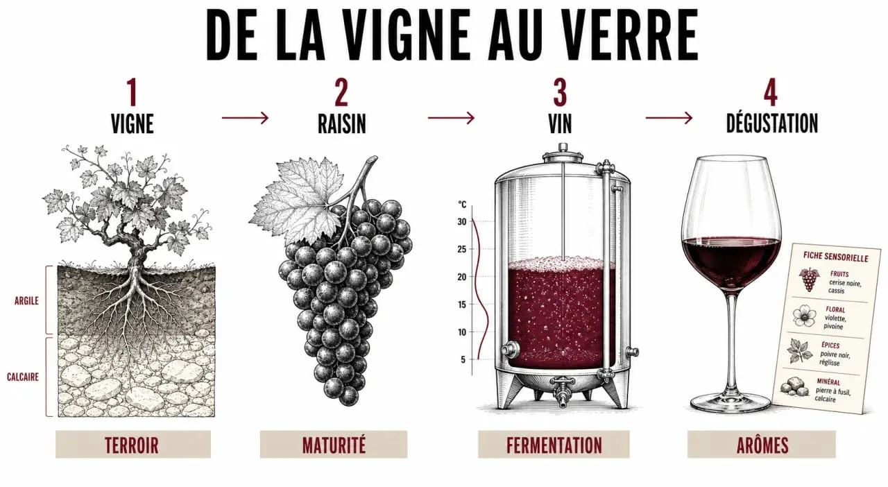 Culture oenologique illustrée par le cycle vigne, raisin, vin et dégustation