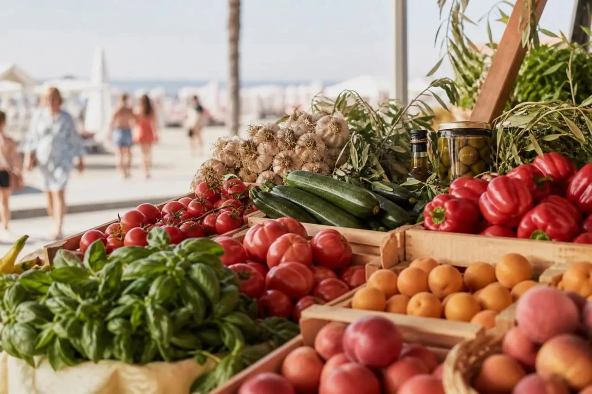 Marchés Barcarès en ambiance méditerranéenne avec étals de produits frais et spécialités catalanes