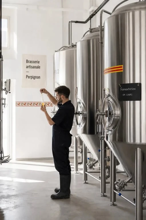 Brasseur Perpignan dans une brasserie artisanale avec cuves en inox et ambiance catalane