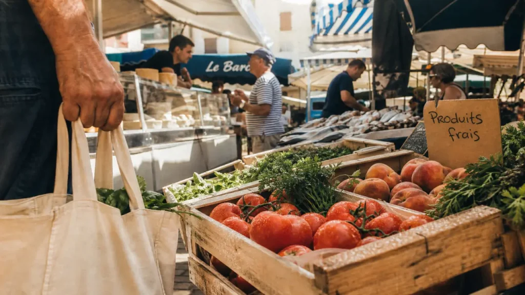 Marchés barcares : cagettes de produits frais et vendeur au marché