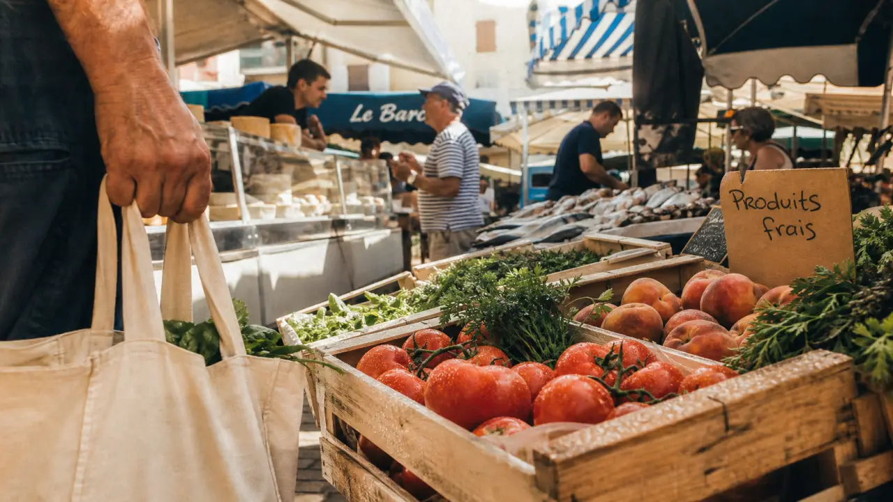 Marchés barcares : cagettes de produits frais et vendeur au marché