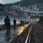 Ville frontalière France Espagne : gare et voie ferrée près du Perthus