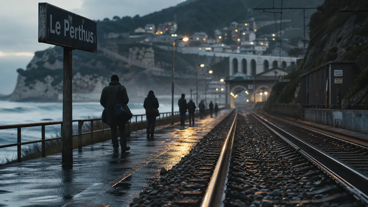 Ville frontalière France Espagne : gare et voie ferrée près du Perthus