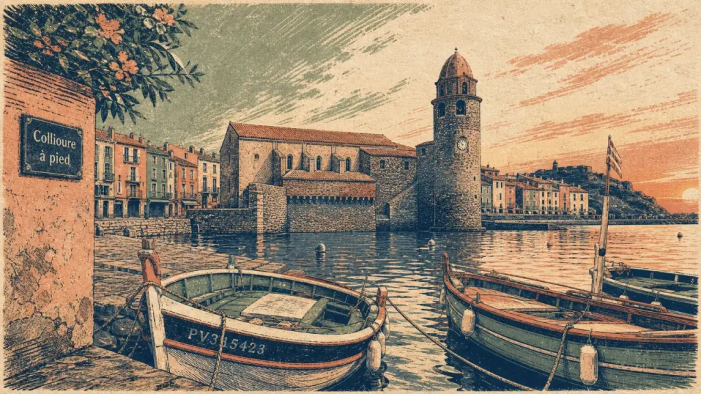 Visiter Collioure : port avec barques et église Notre-Dame-des-Anges