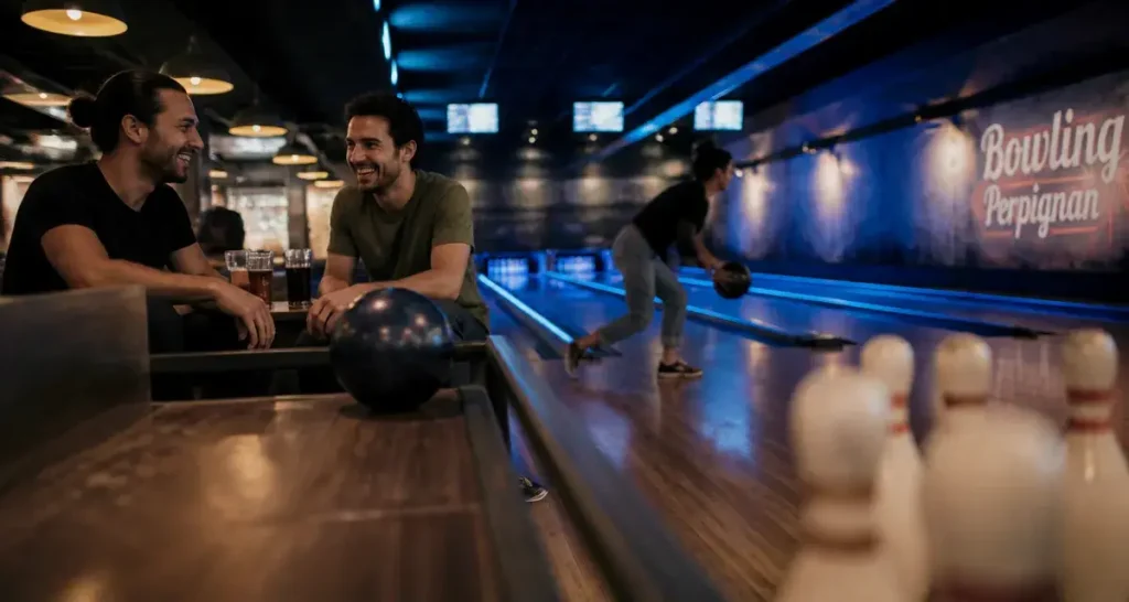 Bowling Perpignan : piste de bowling et amis qui rient dans la salle