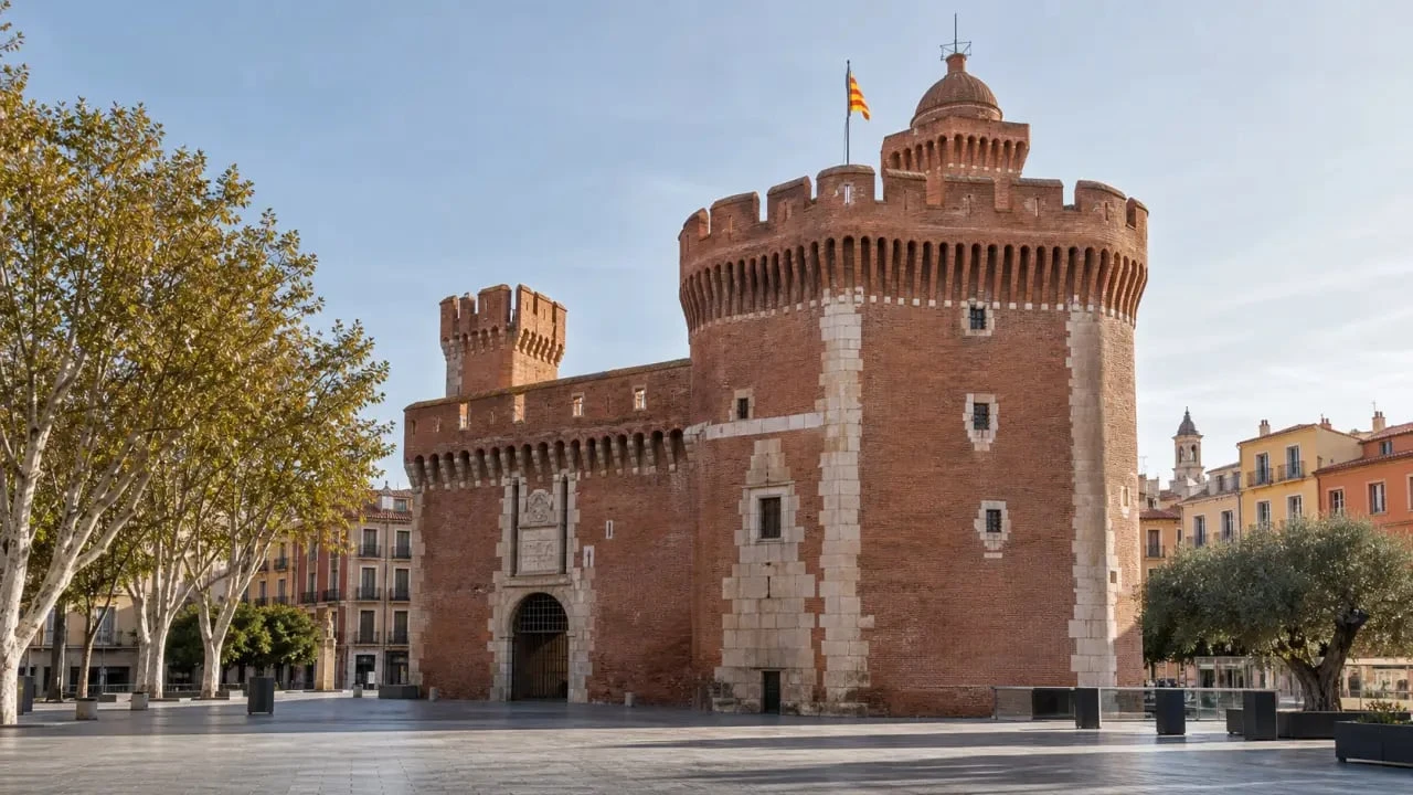 Visiter le Castillet de Perpignan : façade en briques rouges place de Verdun