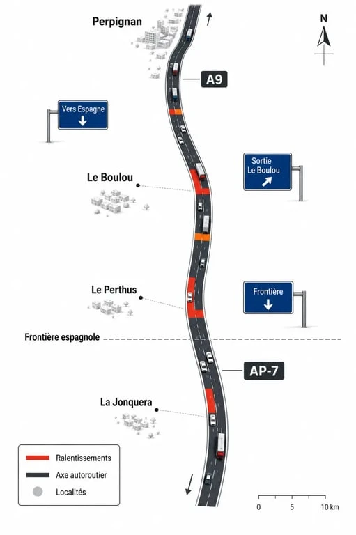 Carte éditoriale de la frontière perpignan espagne avec l'A9, Le Boulou, Le Perthus et La Jonquera