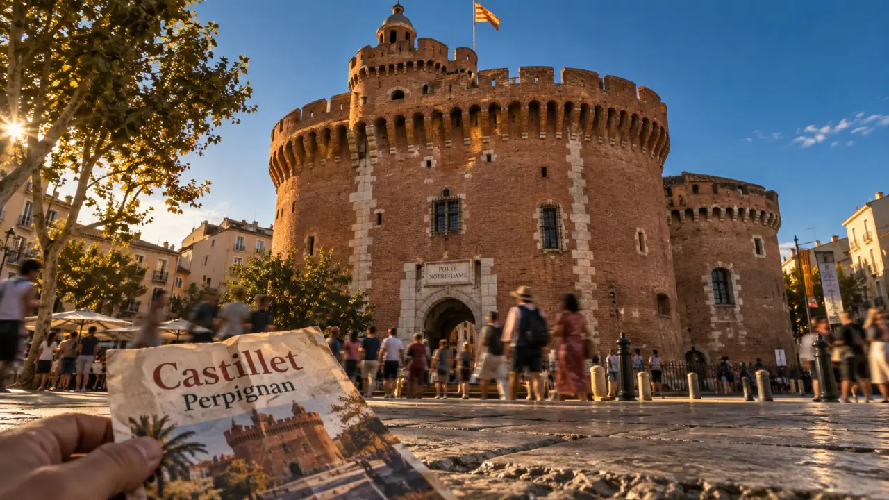 Visiter le Castillet Perpignan, façade rouge et pierre, foule sur la place de Verdun